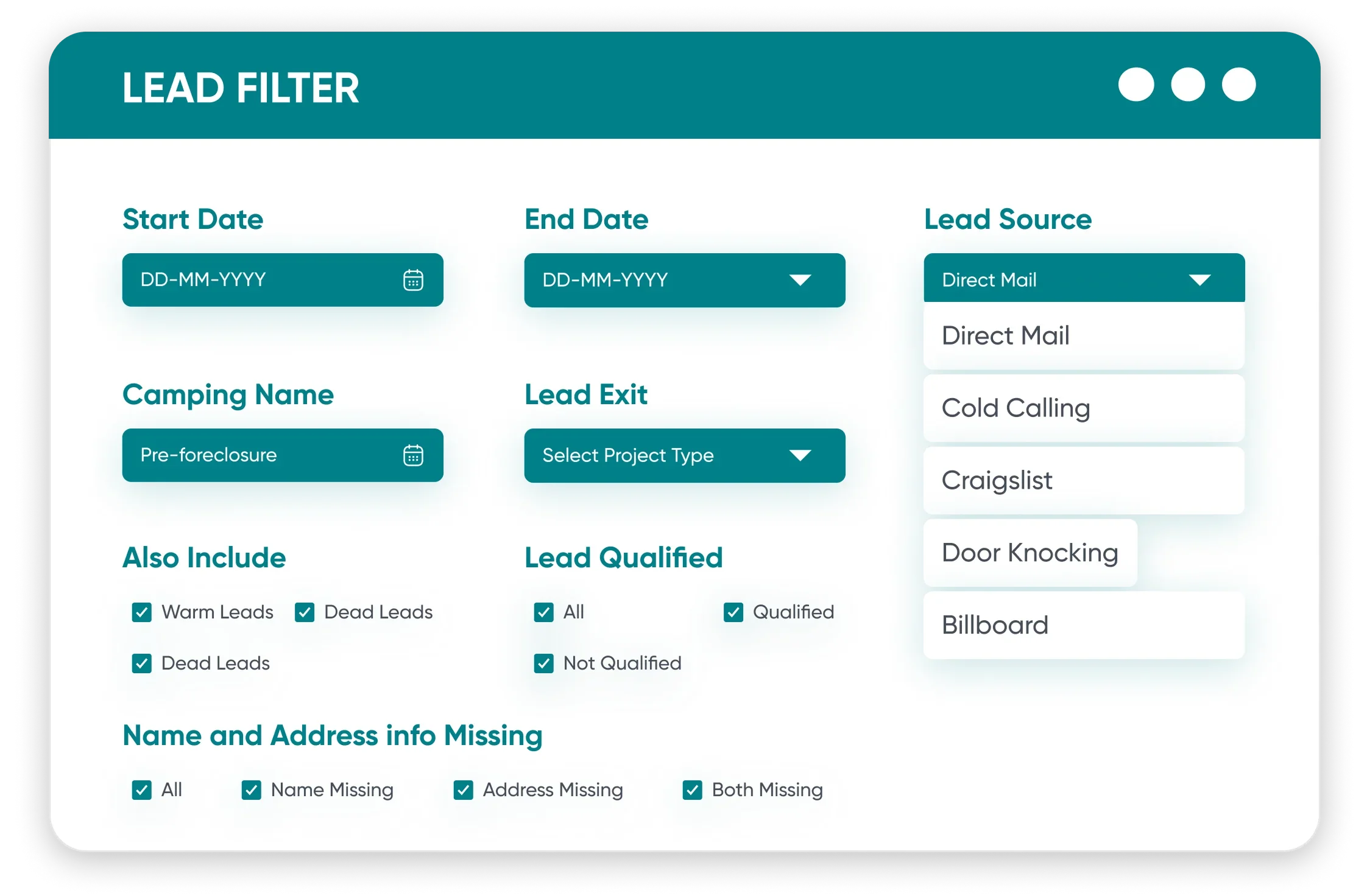 REsimpli lead filter dashboard with fields for dates, campaign, lead source dropdown, qualification status, and missing name or address checkboxes.