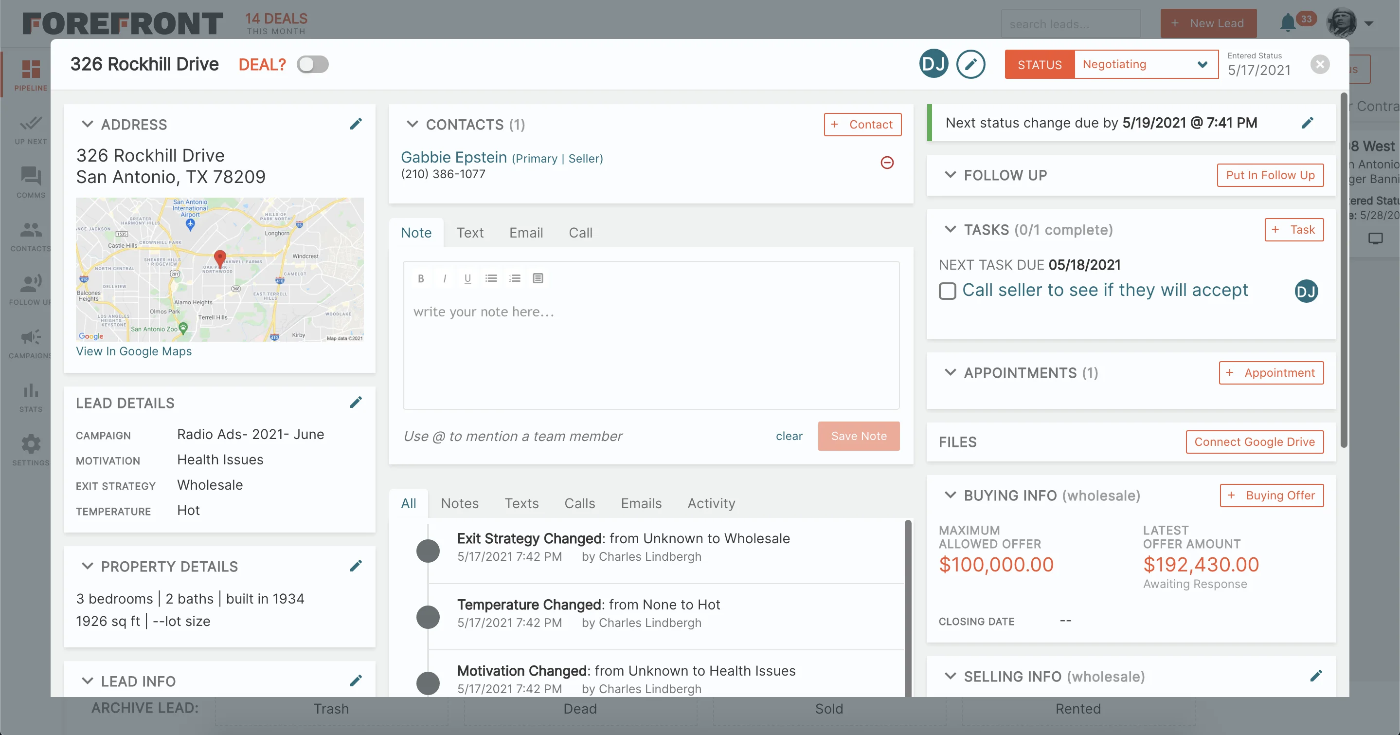 Forefront real estate deal dashboard for 326 Rockhill Drive showing contact, tasks, offer amounts, status, and property details.