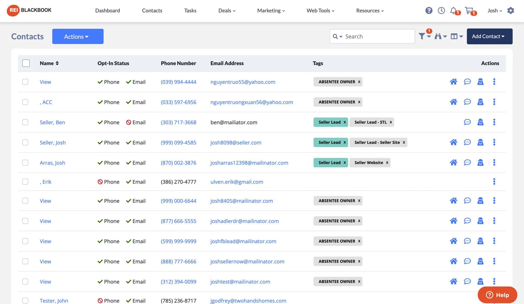 Contacts dashboard listing names, opt-in status, phone, email, tags, and action icons under REI BlackBook navigation menu.