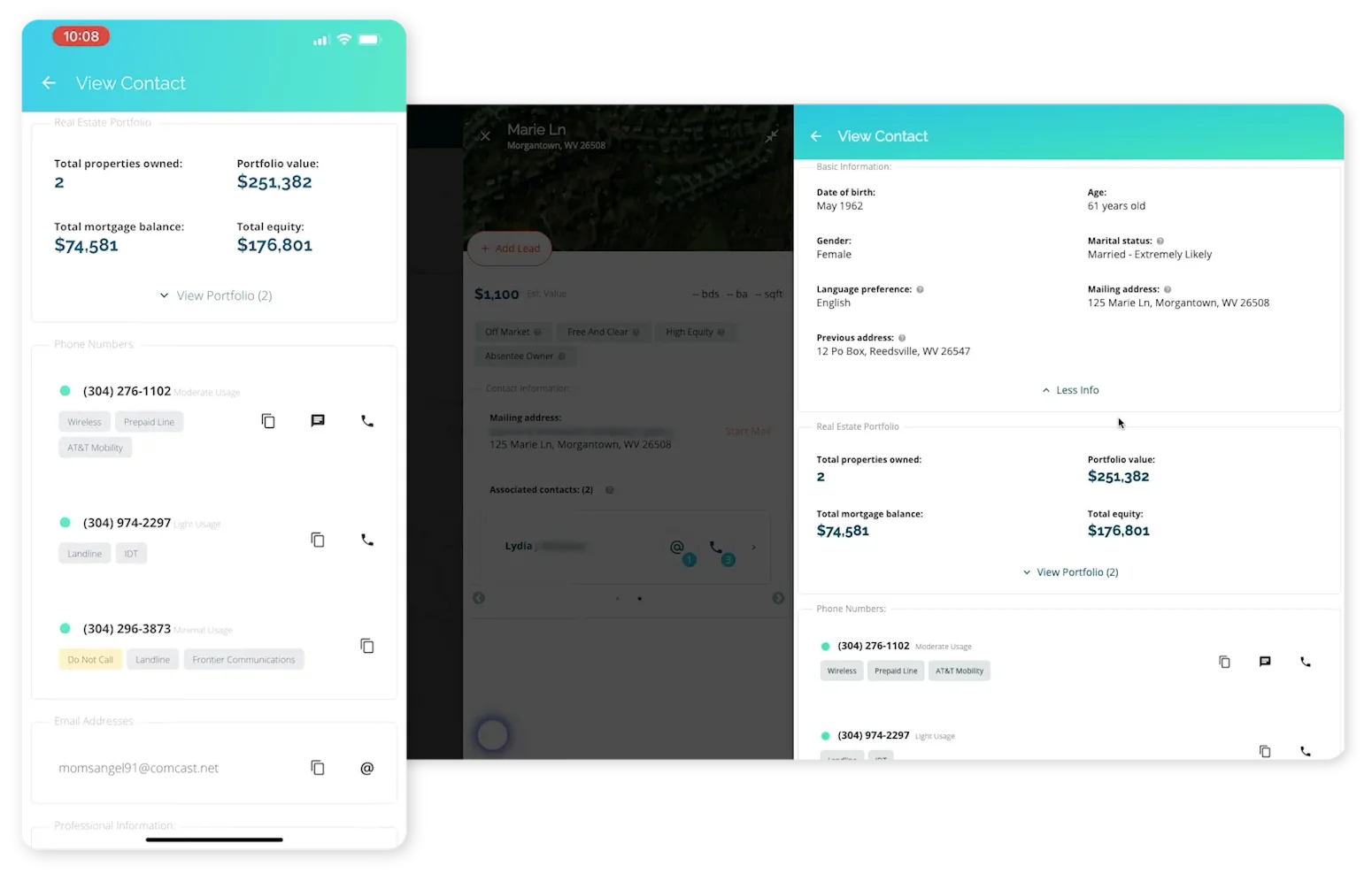 DealMachine mobile and desktop view contact screens showing property portfolio value, equity, phone numbers, and personal details.