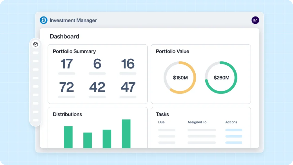 AppFolio's investment manager dashboard with portfolio summary metrics, $180M and $260M value charts, distributions bar graph, and tasks list.