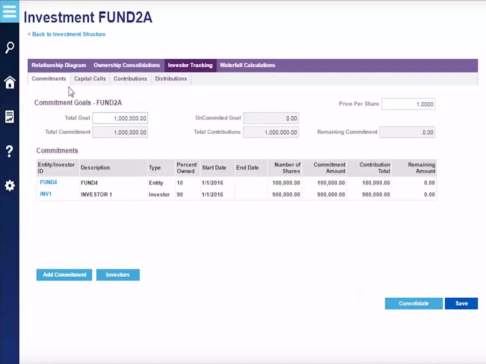 MRI software's Investment FUND2A page showing commitment goals, $1M total commitment, and investor ownership details table.
