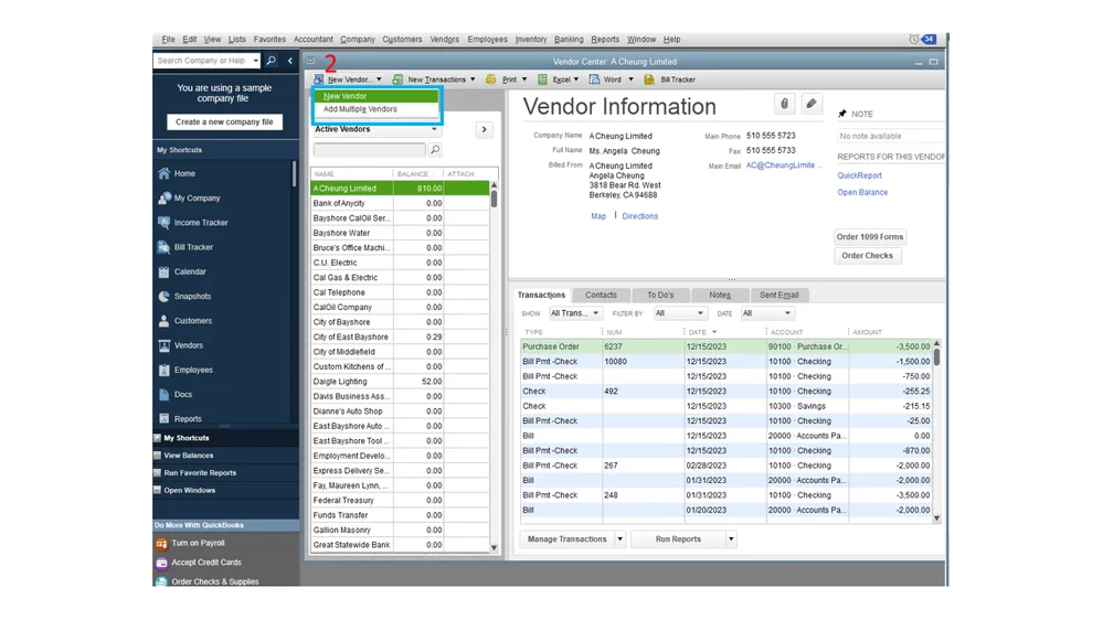 QuickBooks Vendor Center screen showing vendor list and recent transactions.