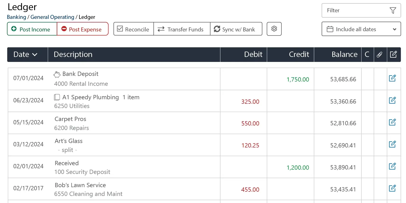 Rentec Direct's General Operating ledger page showing income and expense entries with dates, debits, credits, and running balance.