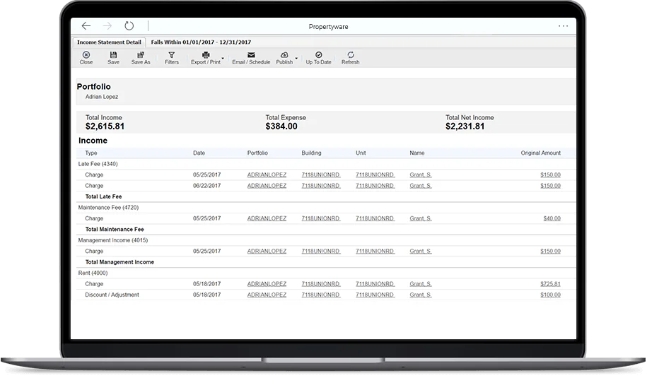 Propertyware income statement detail showing $2,615 income, $384 expenses, and $2,231 net income with line items.