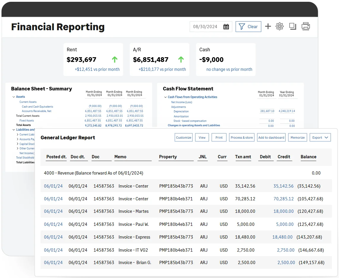 Sage Intacct's financial reporting dashboard with rent, A/R, cash metrics and a general ledger report showing invoice entries and balances.