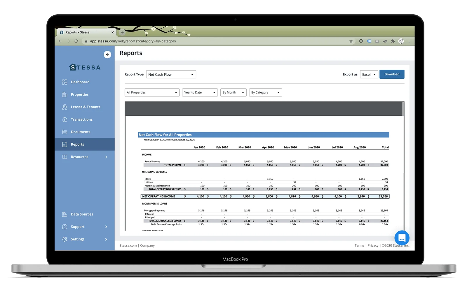 Stessa Reports page showing Net Cash Flow report with monthly income, expenses, and totals for all properties.