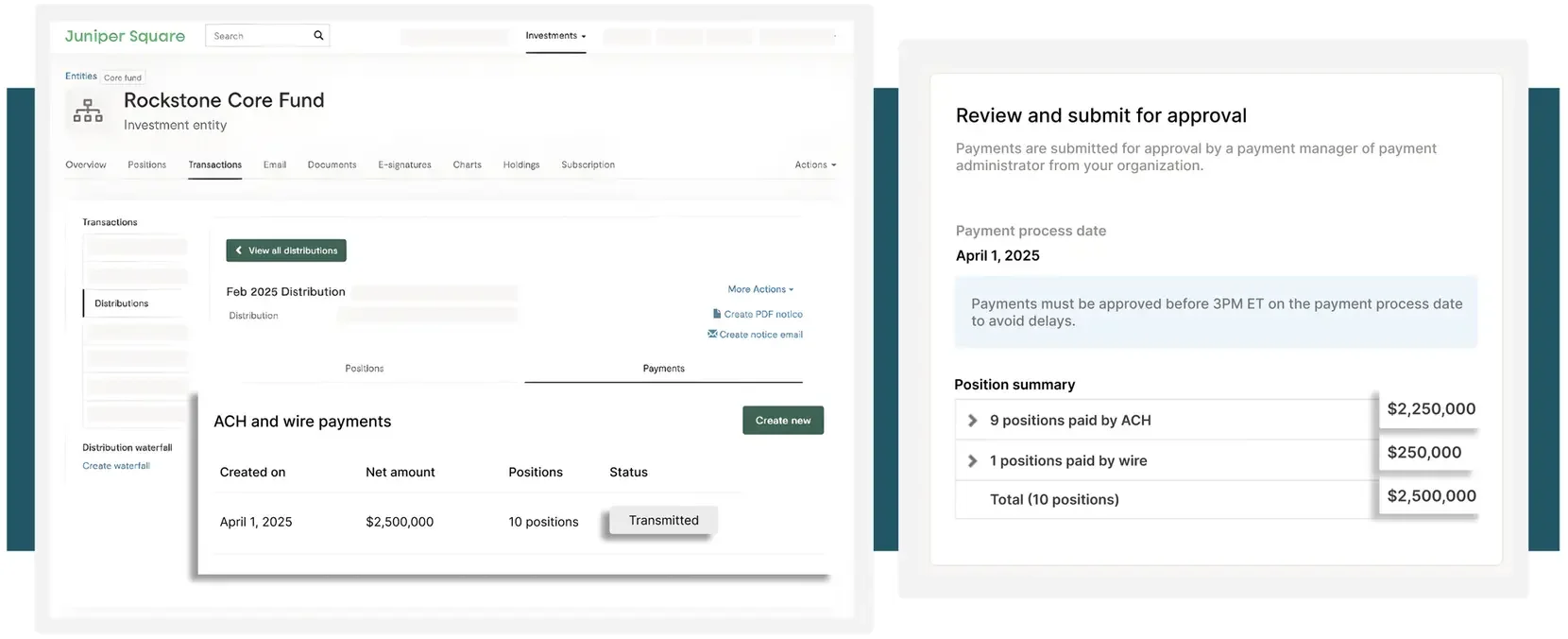 Juniper Square transactions screen showing ACH and wire payments, distribution details, and approval panel with payment summary and totals.