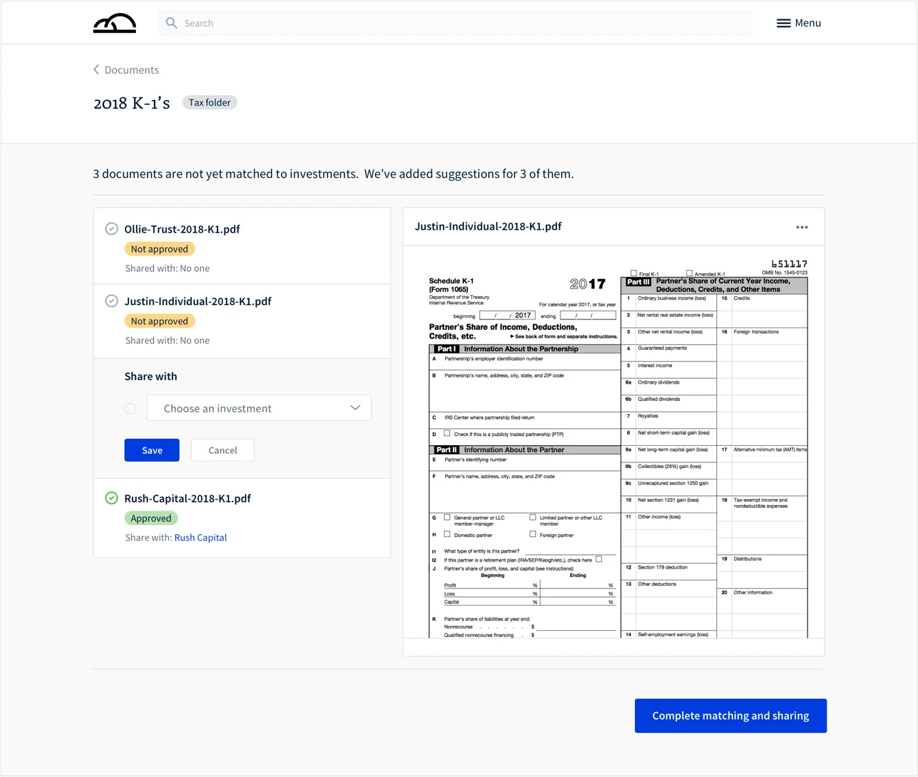 Janover Connect document management screen showing 2018 K-1 tax files, approval status, sharing options, and a preview of a selected tax document.