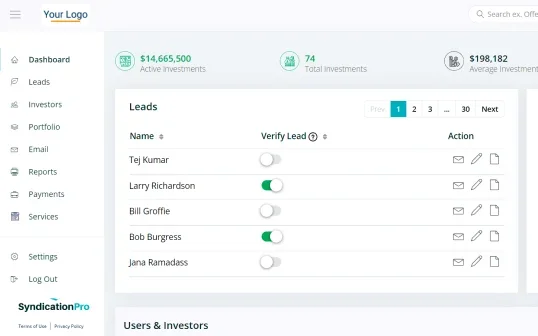 SyndicationPro dashboard showing leads list with verification toggles, investor metrics, and sidebar navigation for managing investors and portfolio.