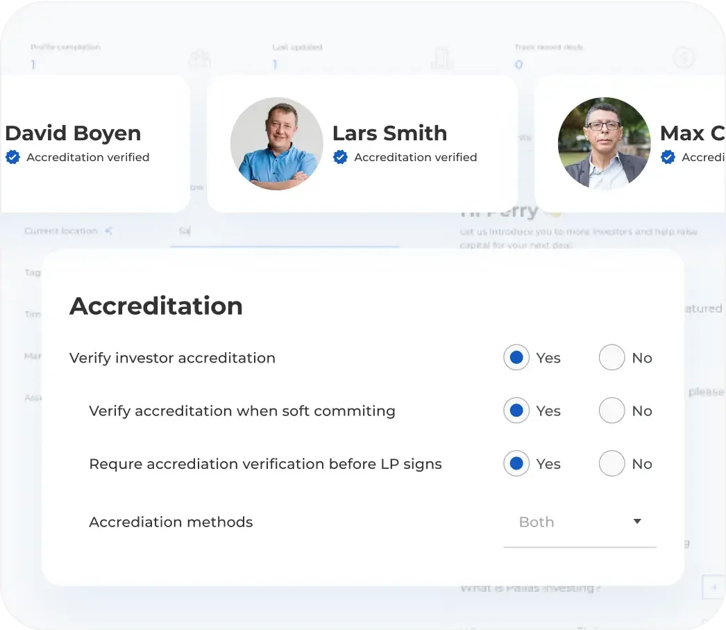 Cash flow portal accreditation settings modal showing investor verification options, with verified investor profiles displayed above.
