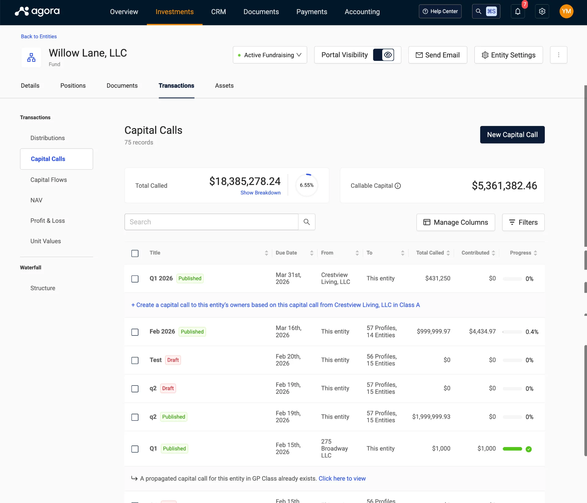 Agora ACP Capital Calls page for Willow Lane, LLC showing Total Called, callable capital percentage, and Callable Capital summary cards, with a table of capital calls in Published and Draft status
