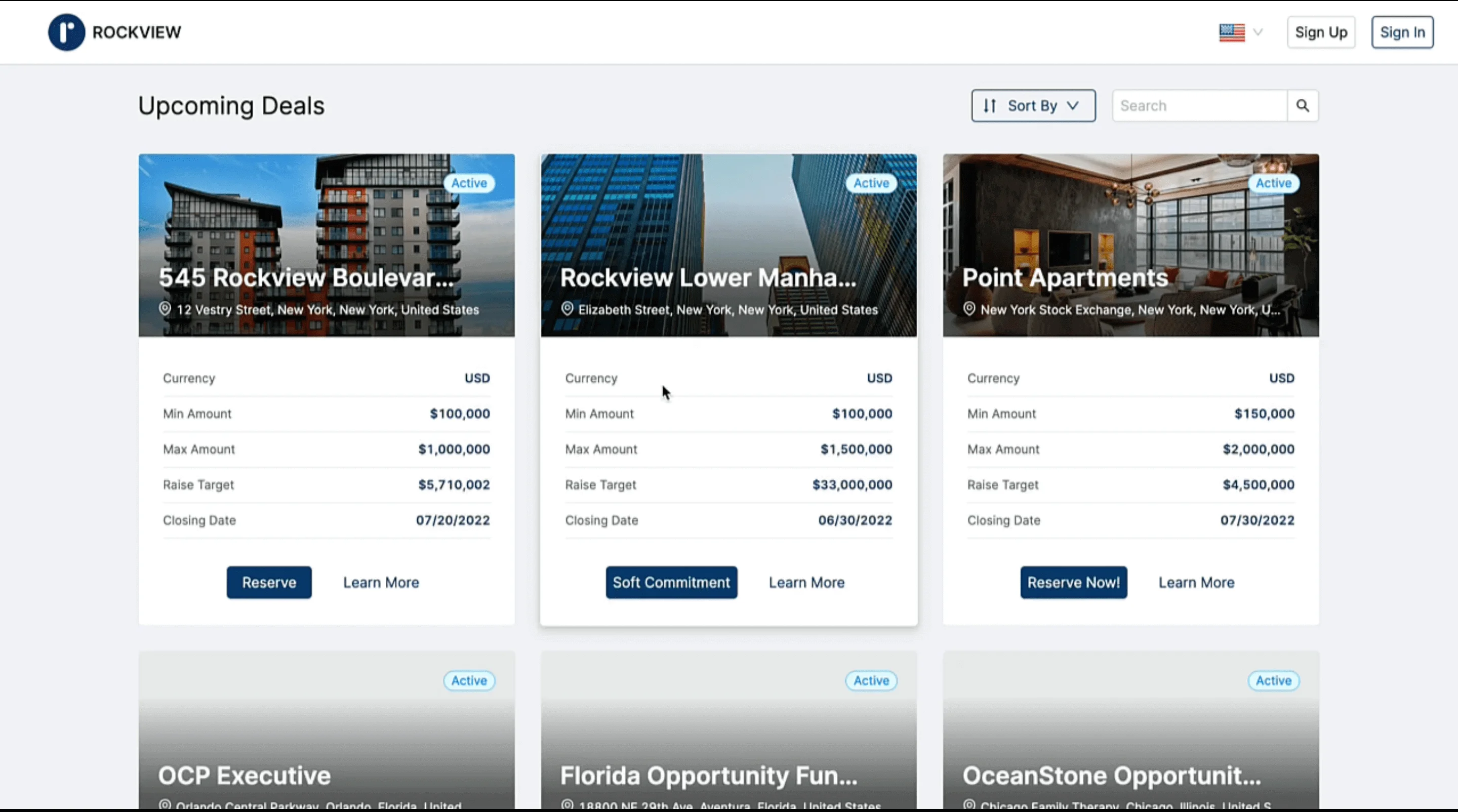 Agora dashboard showing upcoming real estate deals with property cards, prices, locations, and investment details, plus sign-in and search options.