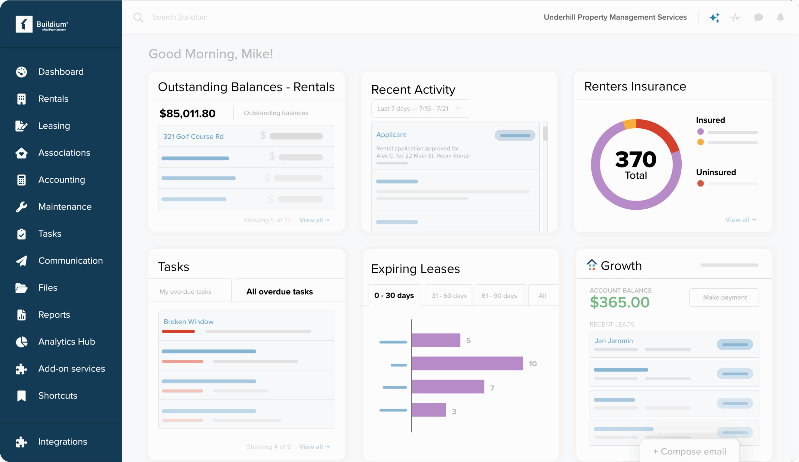 Buildium property management dashboard showing balances, tasks, expiring leases, renter insurance stats, and recent activity with sidebar navigation.