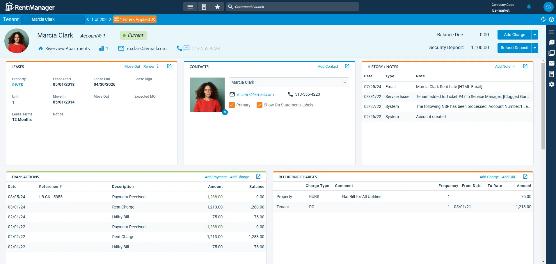 Rent Manager's dashboard showing lease details, contacts, transactions, recurring charges, and account history for a renter profile.
