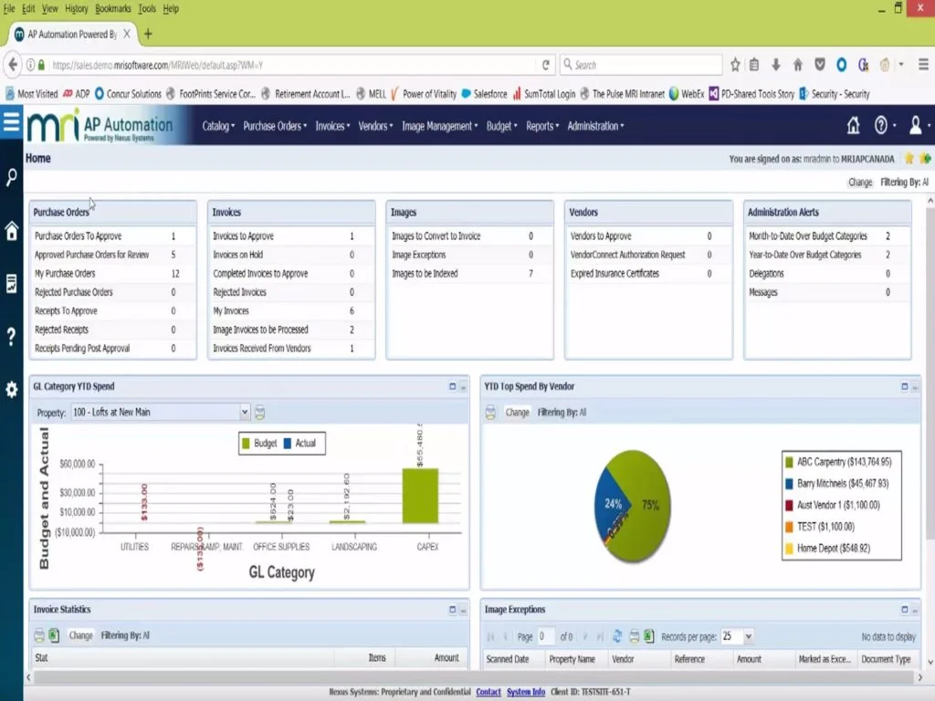 MRI AP automation dashboard showing purchase orders, invoices, vendors, budget charts, and spend analysis with categories and vendor breakdowns.