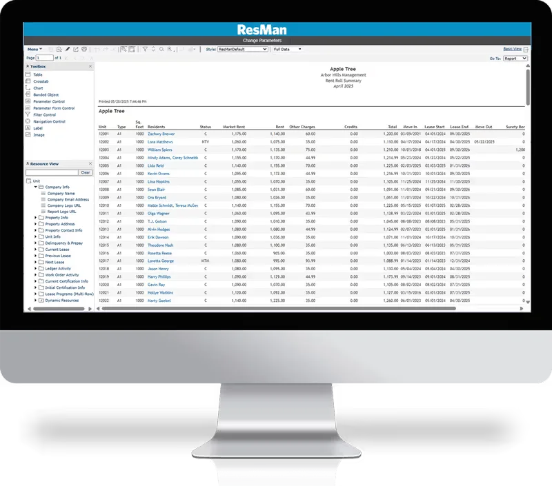ResMan property management software with rent roll summary, tenant list, and lease details for a property.