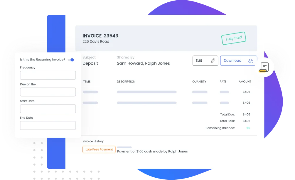Innago's invoice management interface showing deposit invoice details, payment status marked “Fully Paid,” recurring settings, and transaction history.