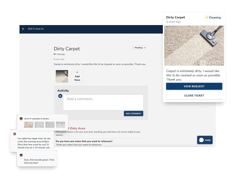 Avail's maintenance request interface showing an issue, photos, comments, and ticket status with options to view the request or close the ticket.
