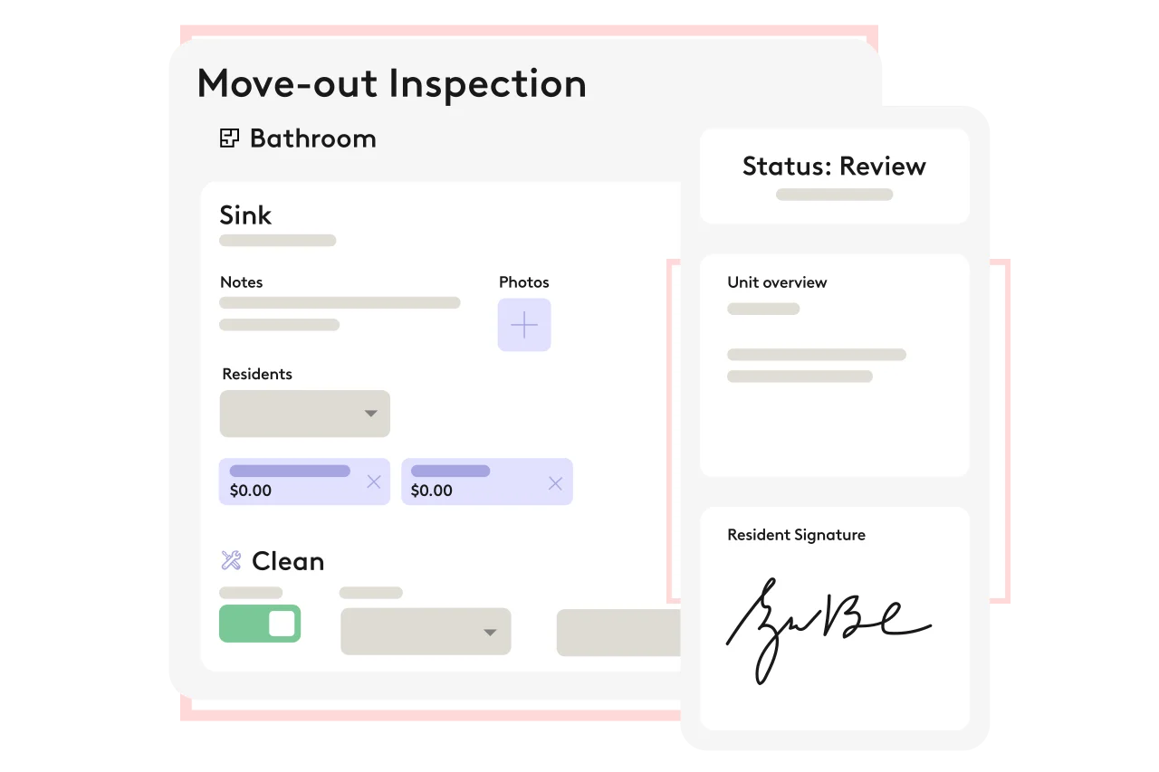 Entrata's move-out inspection form showing a checklist, notes, photos, status review panel, unit overview, and resident signature field.