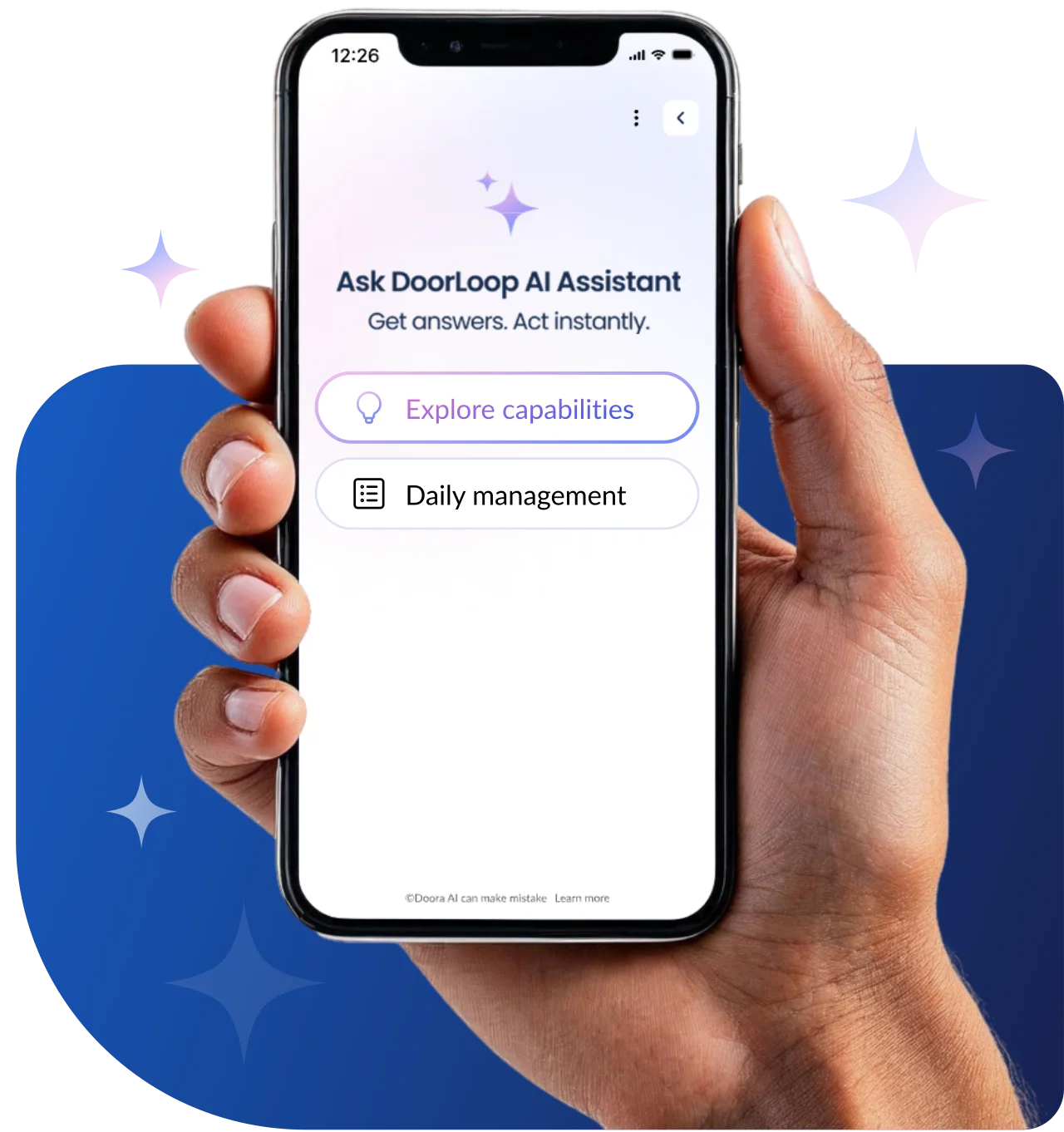Smartphone displaying DoorLoop AI Assistant interface with options for daily management, financial overview, and tenant queries.