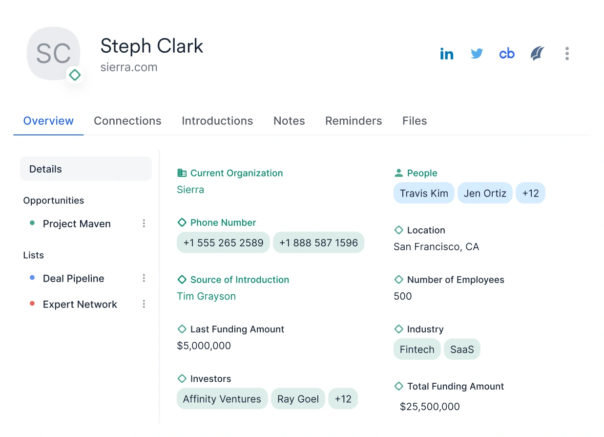 Affinity CRM contact profile view showing Steph Clark’s details, company info, connections, funding data, and associated people and investors.
