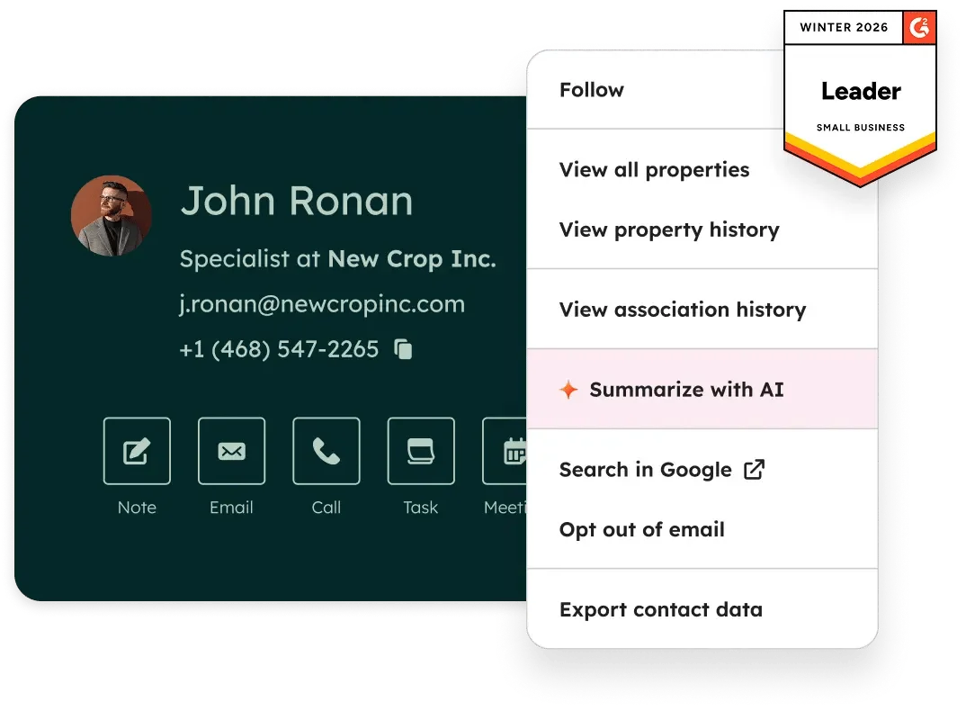 HubSpot CRM contact card for John Ronan with profile details, quick actions, and dropdown menu including AI summary and export options.