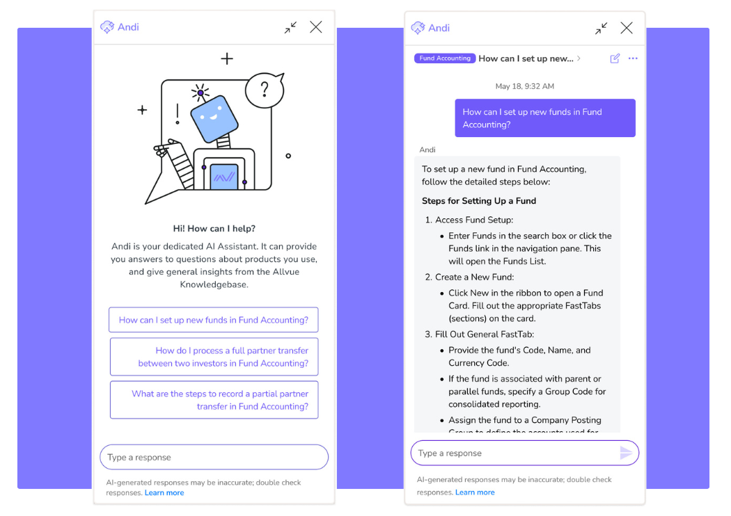 Andi AI assistant interface showing fund accounting support prompts and step-by-step guidance for setting up new funds.
