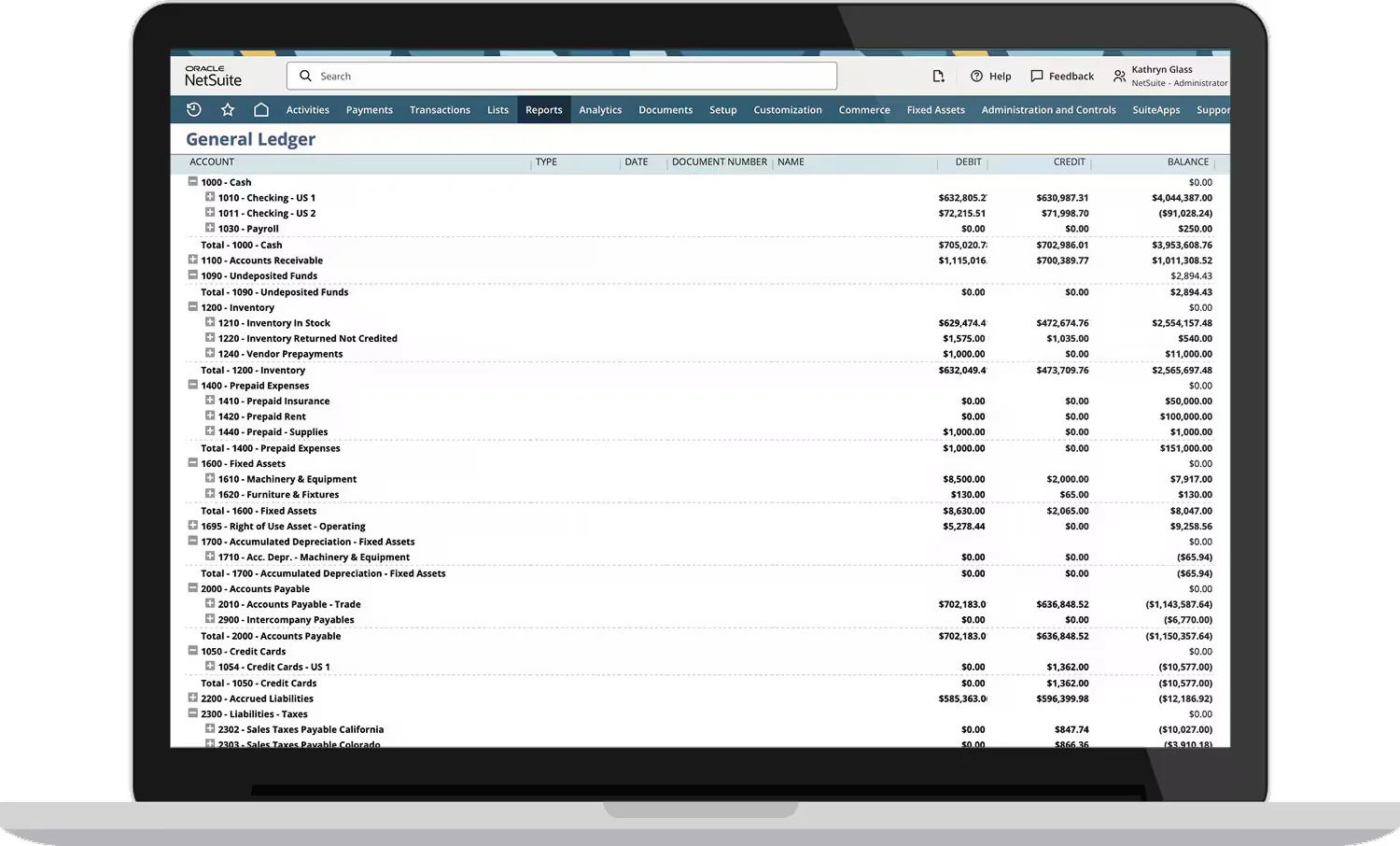 Oracle NetSuite general ledger dashboard with account balances, transactions, and financial reporting data.