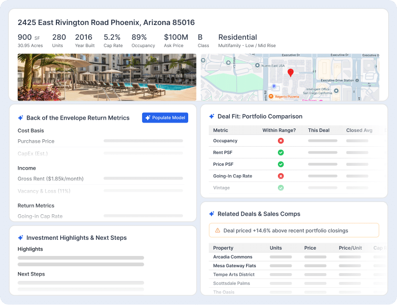 ealpath real estate investment dashboard showing Phoenix multifamily property details, return metrics, portfolio comparison, and related sales comps.
