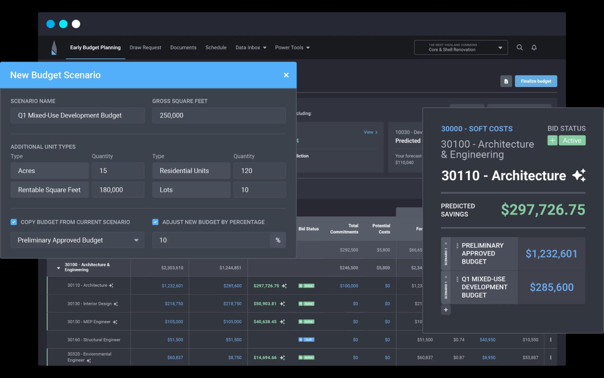 Northspyre budgeting dashboard with a new budget scenario form, project cost breakdown, predicted savings, and budget comparison metrics.