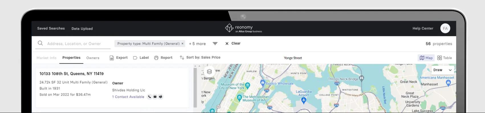 Reonomy property search interface displaying multifamily listings on a map with filters, property details, and ownership information.