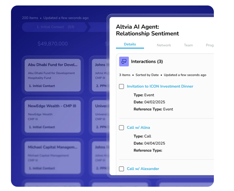 Altvia AI Agent relationship sentiment panel showing recent investor interactions, including events and calls, alongside a fundraising pipeline view.