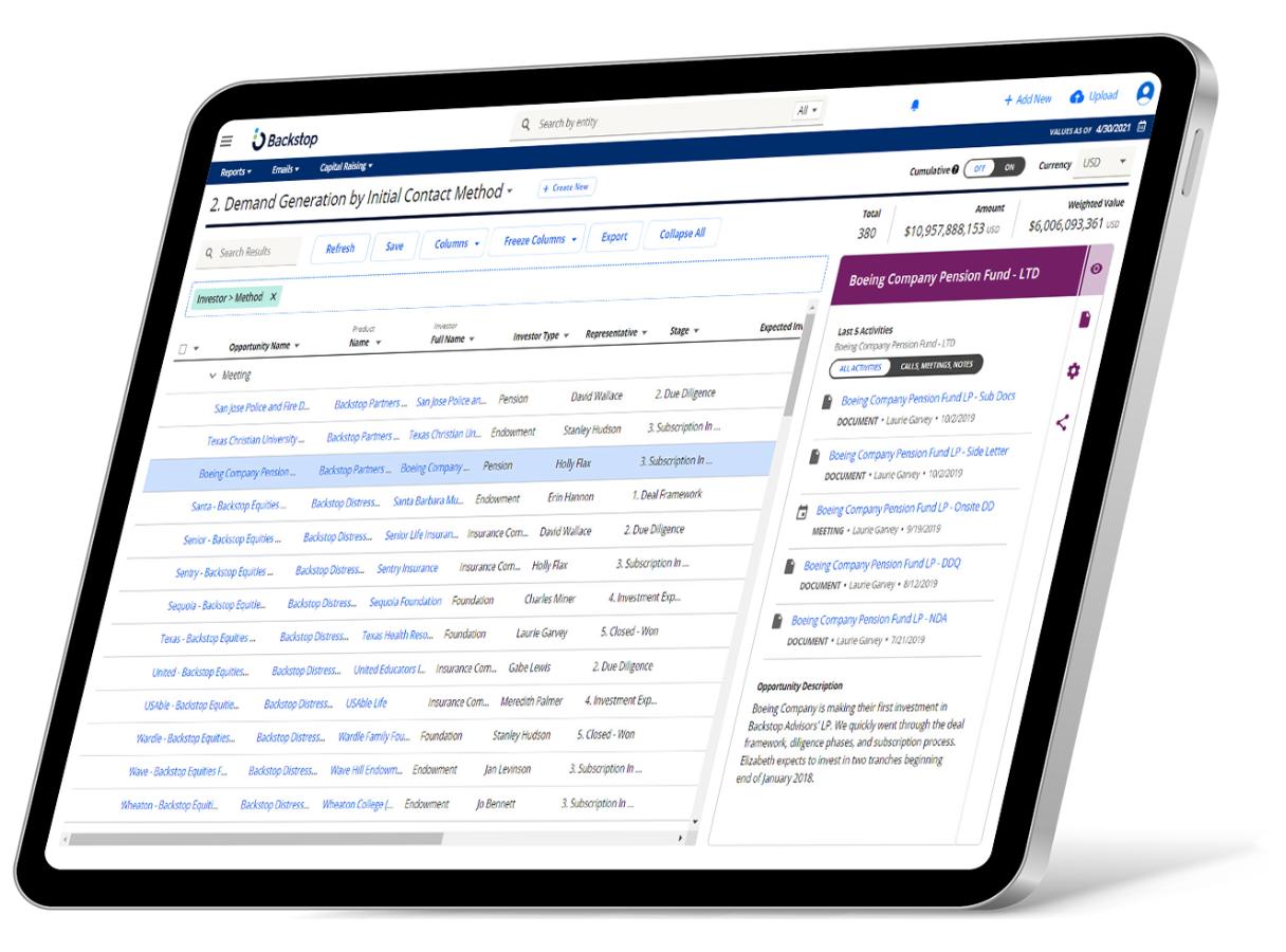 Backstop investment management dashboard displaying investor pipeline, fundraising opportunities, deal stages, and activity history.