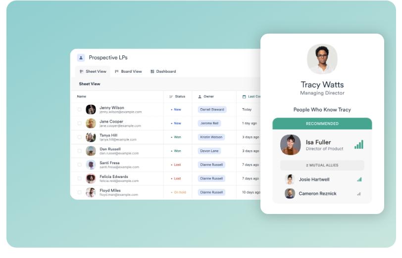 Affinity's prospective investor dashboard showing LP contacts, status tracking, ownership details, and relationship recommendations for warm introductions.