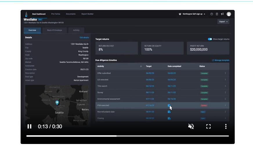 Northspyre commercial real estate deal dashboard showing property details, target returns, due diligence timeline, status tracking, and Seattle location map.