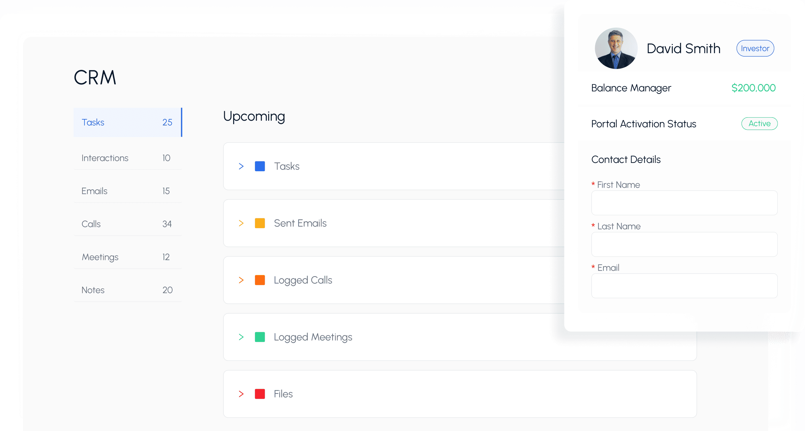 Agora CRM dashboard showing tasks, emails, calls, meetings, notes, and a customer profile panel with contact details and account status.