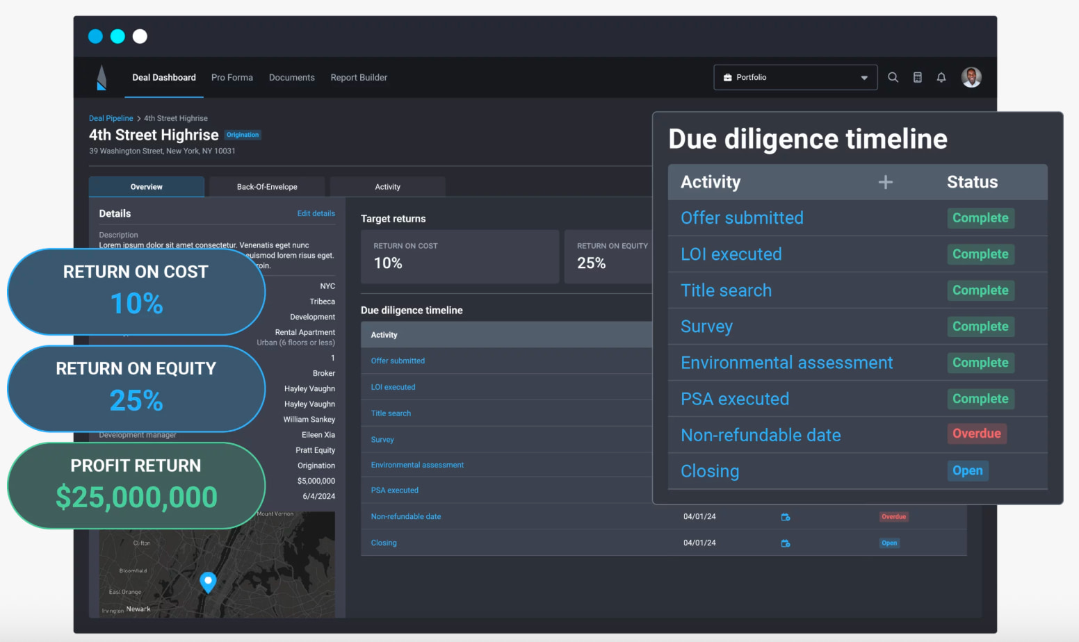 Northspyre dashboard showing real estate deal tracking, due diligence timeline, project returns, and investment metrics.