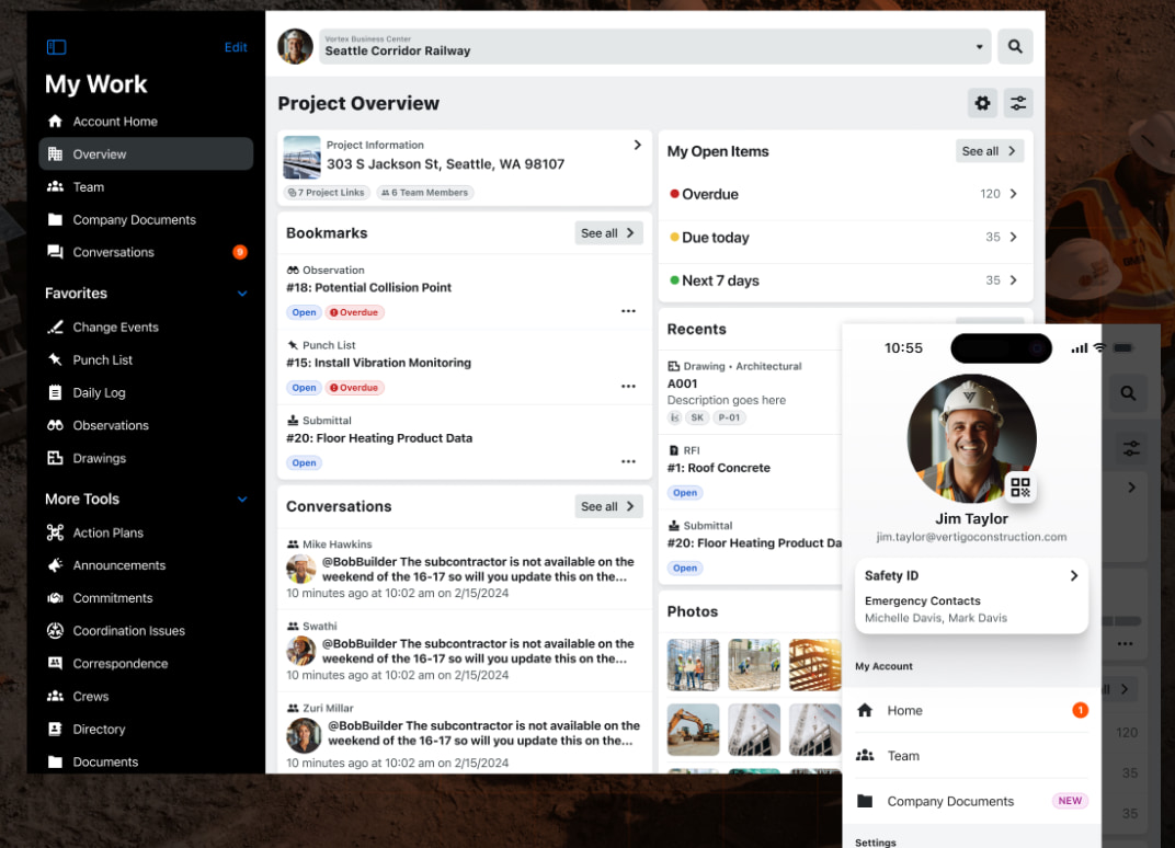 Procore construction management platform showing project overview, tasks, documents, team communication, and mobile access.