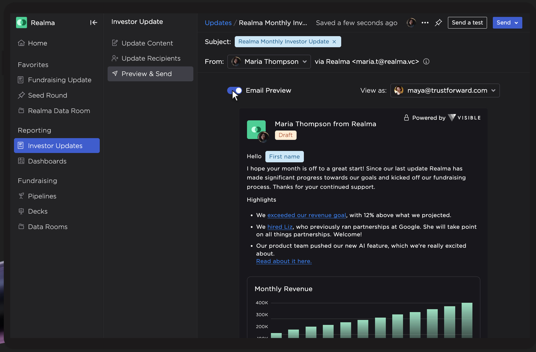 Visible platform showing investor update creation, email preview, fundraising progress, and shareholder communication.