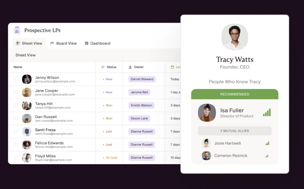 Affinity's prospective investor dashboard showing LP contacts, status tracking, ownership details, and relationship recommendations for warm introductions.