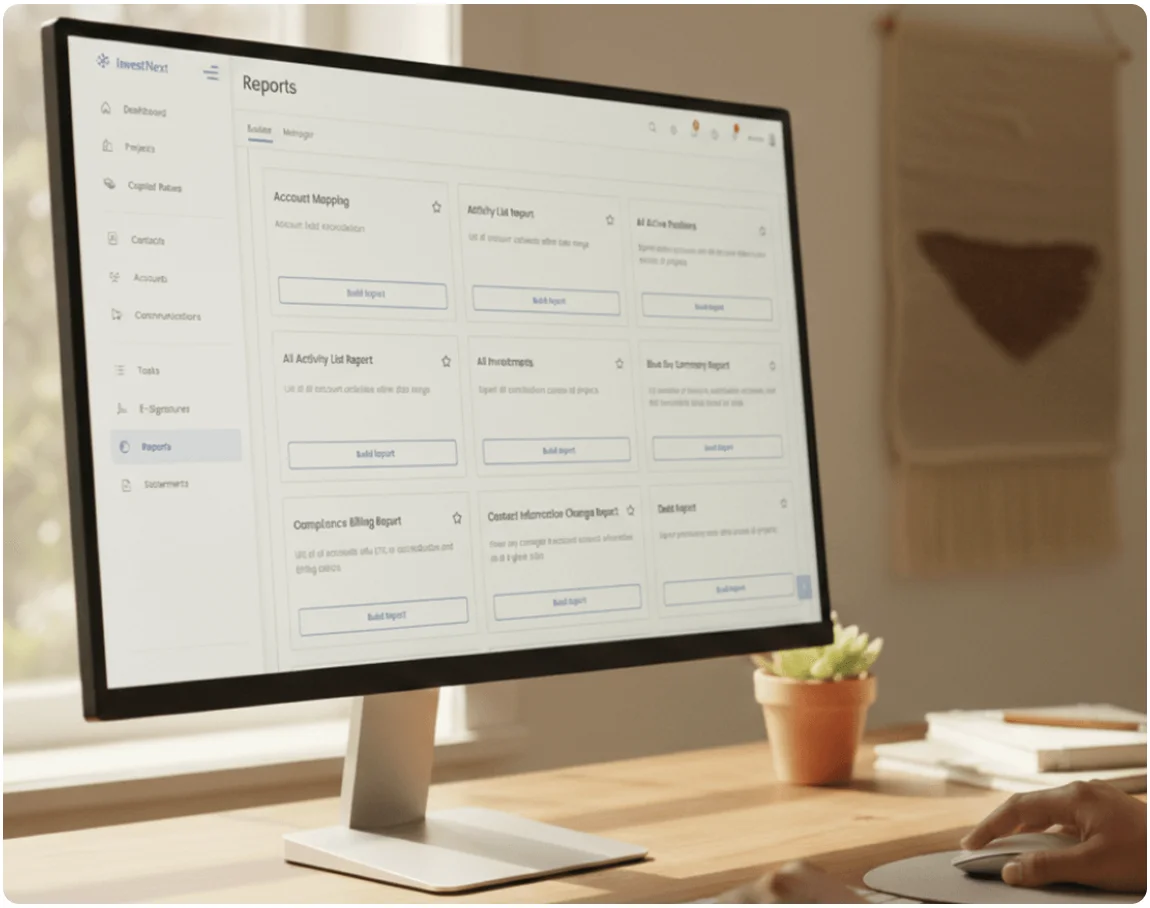 InvestNext reporting dashboard displaying account mapping, activity, investor, compliance, billing, and contact reports.