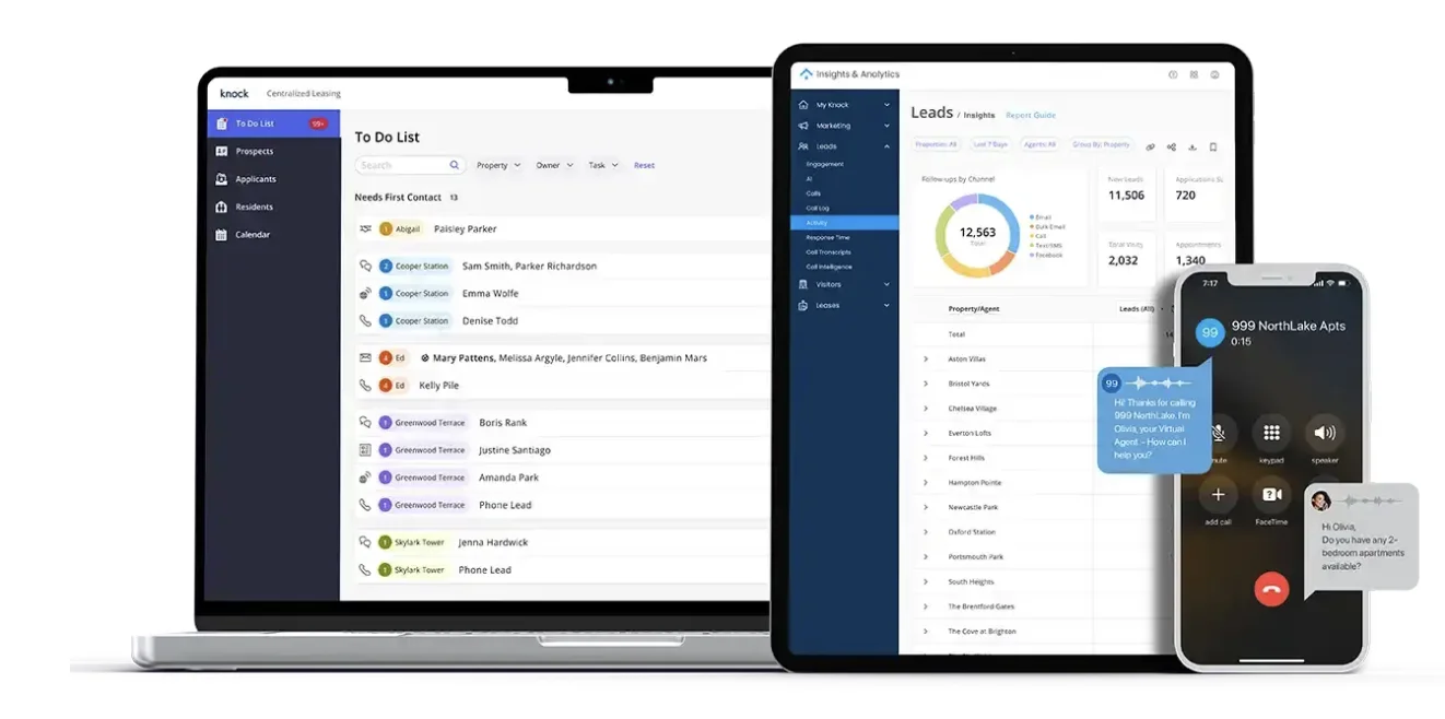 RealPage IMS property management platform showing leasing tasks, lead analytics, and AI-powered prospect communication across desktop and mobile.