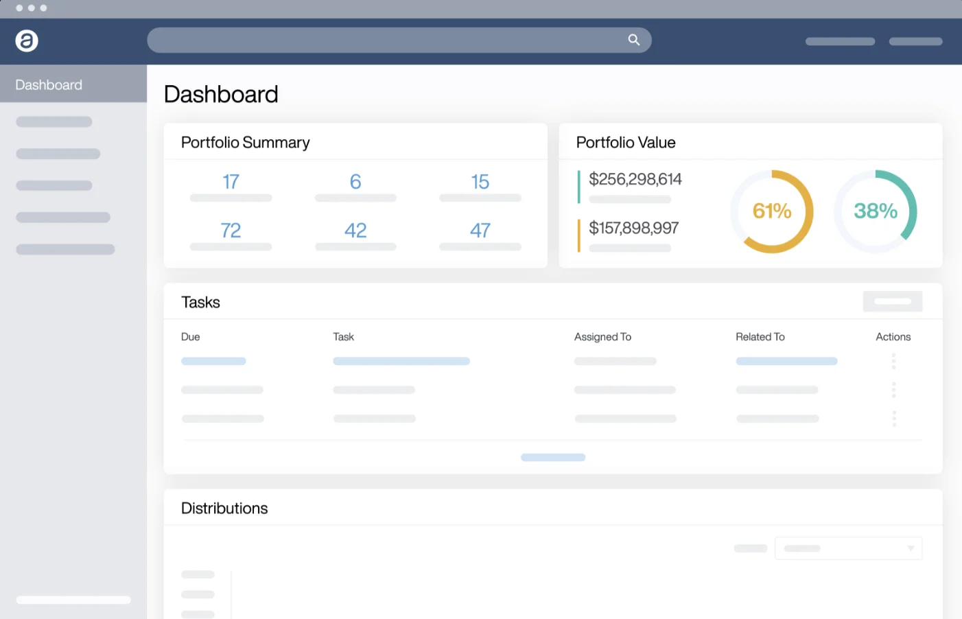 AppFolio Investment Manager dashboard showing portfolio summary, scheduled tasks, and portfolio value.