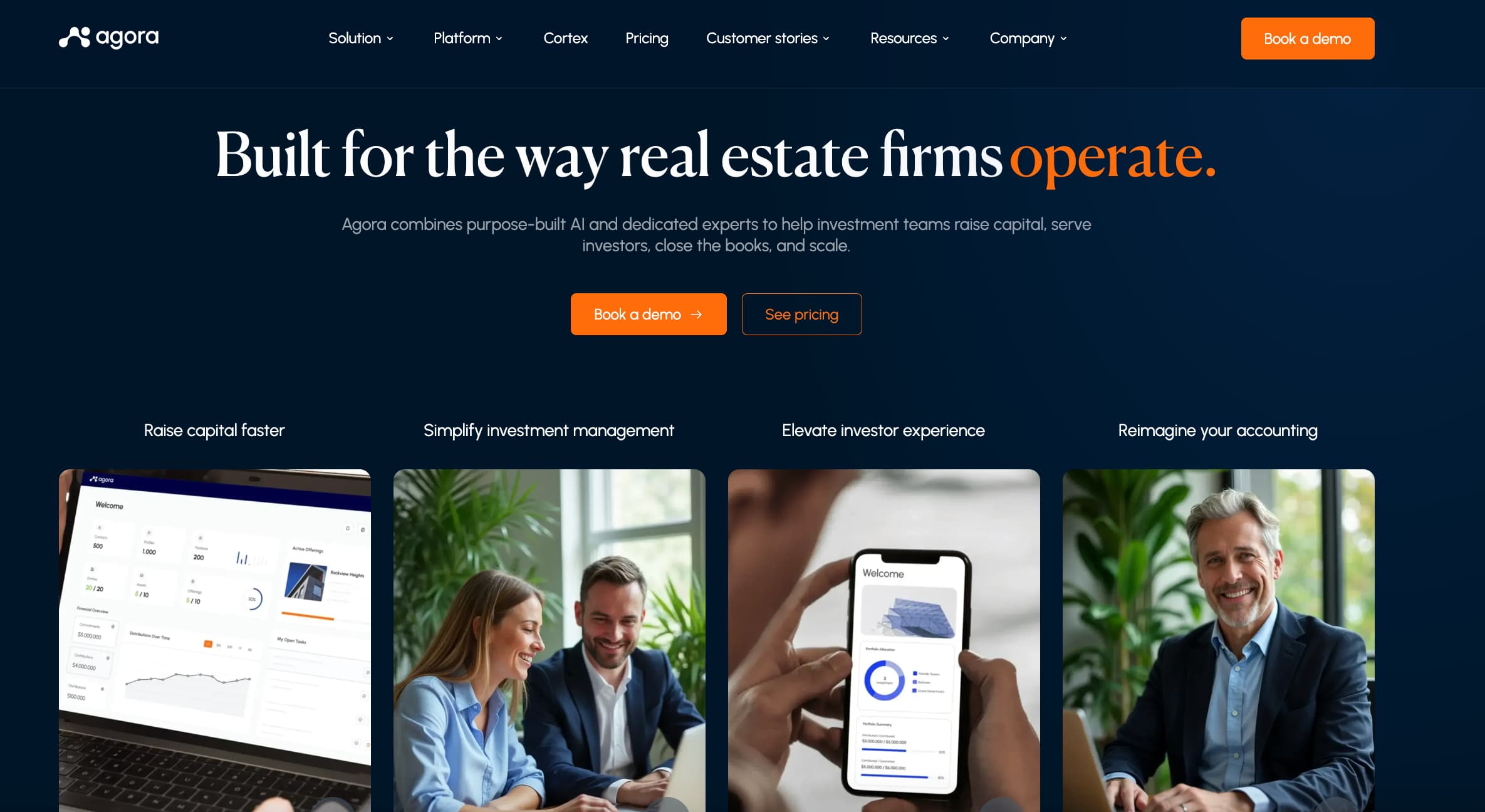 Agora real estate investment management platform offering AI-powered tools for capital raising, investor management, and accounting.