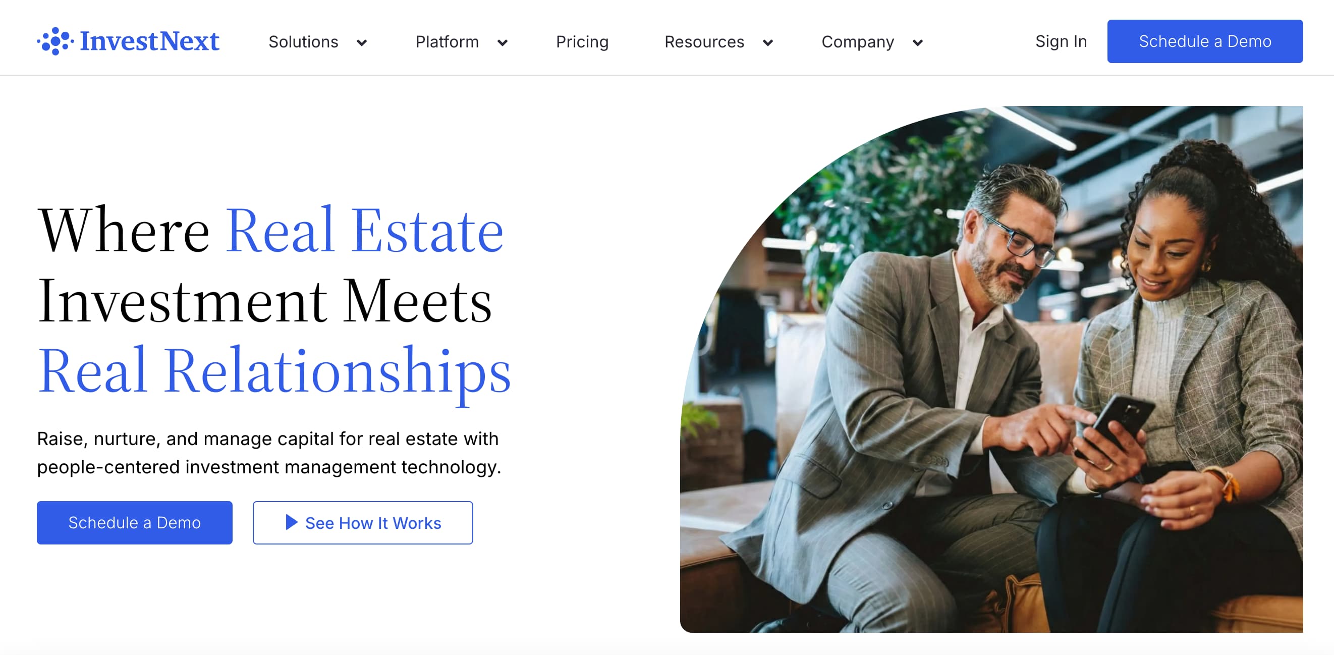 InvestNext real estate investment management platform homepage featuring capital raising tools.