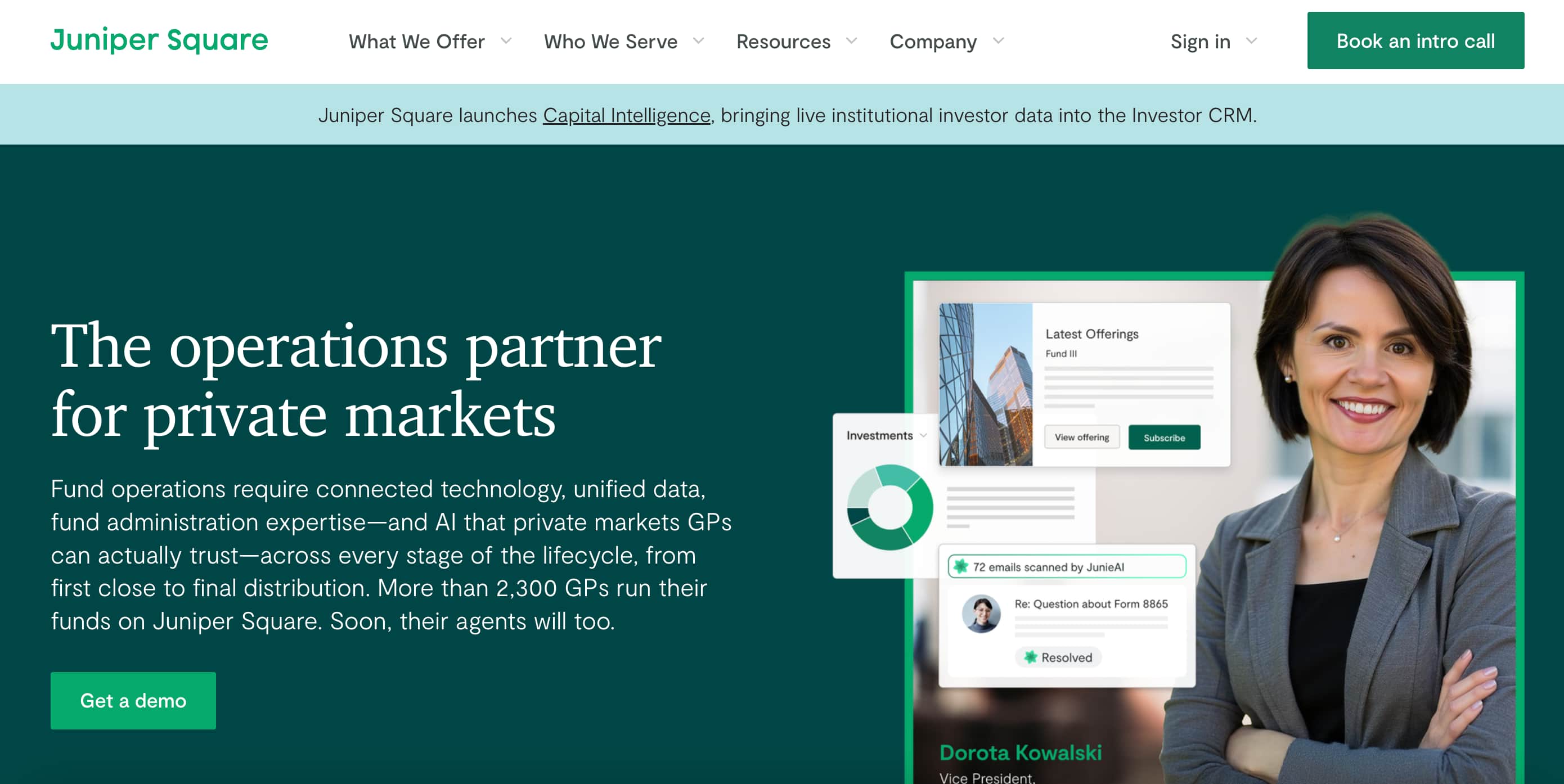 Juniper Square homepage showcasing private markets fund administration, investor management, and AI-powered operations tools.