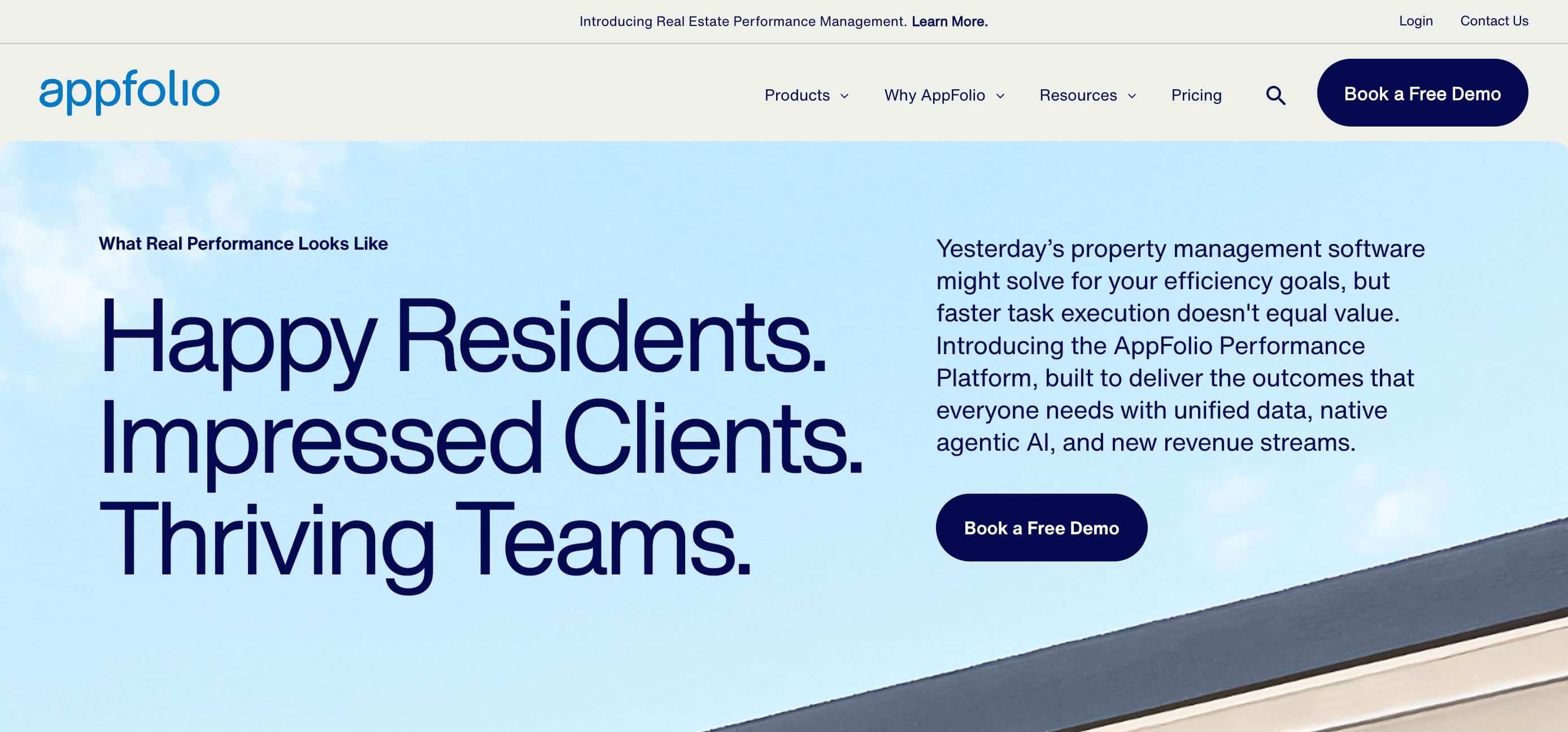 AppFolio homepage highlighting AI-powered property management software for happier residents, satisfied clients, and efficient teams.