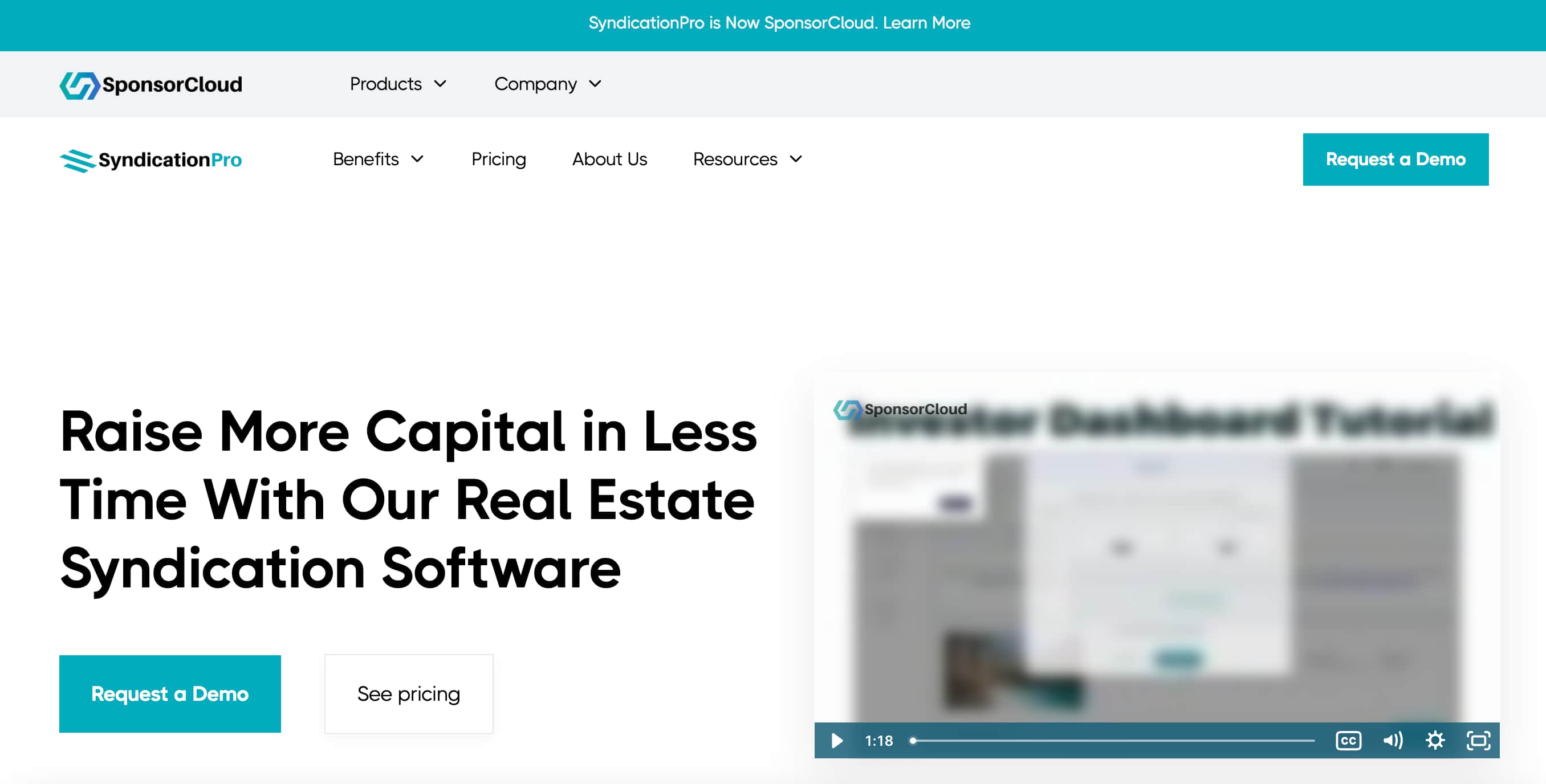 SyndicationPro by SponsorCloud homepage showcasing real estate syndication software for faster capital raising and investor management.