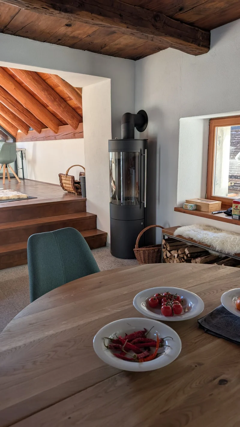 Living room detail with exposed stone